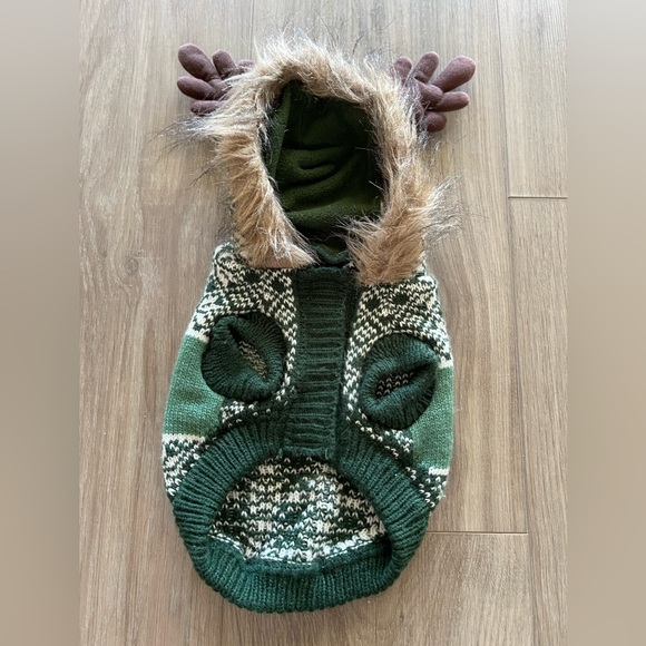 🐶Reindeer Argyle Dig Sweater Coat Jacket  Faux Fur Hood  Size -XSmall *New - Picture 3 of 7